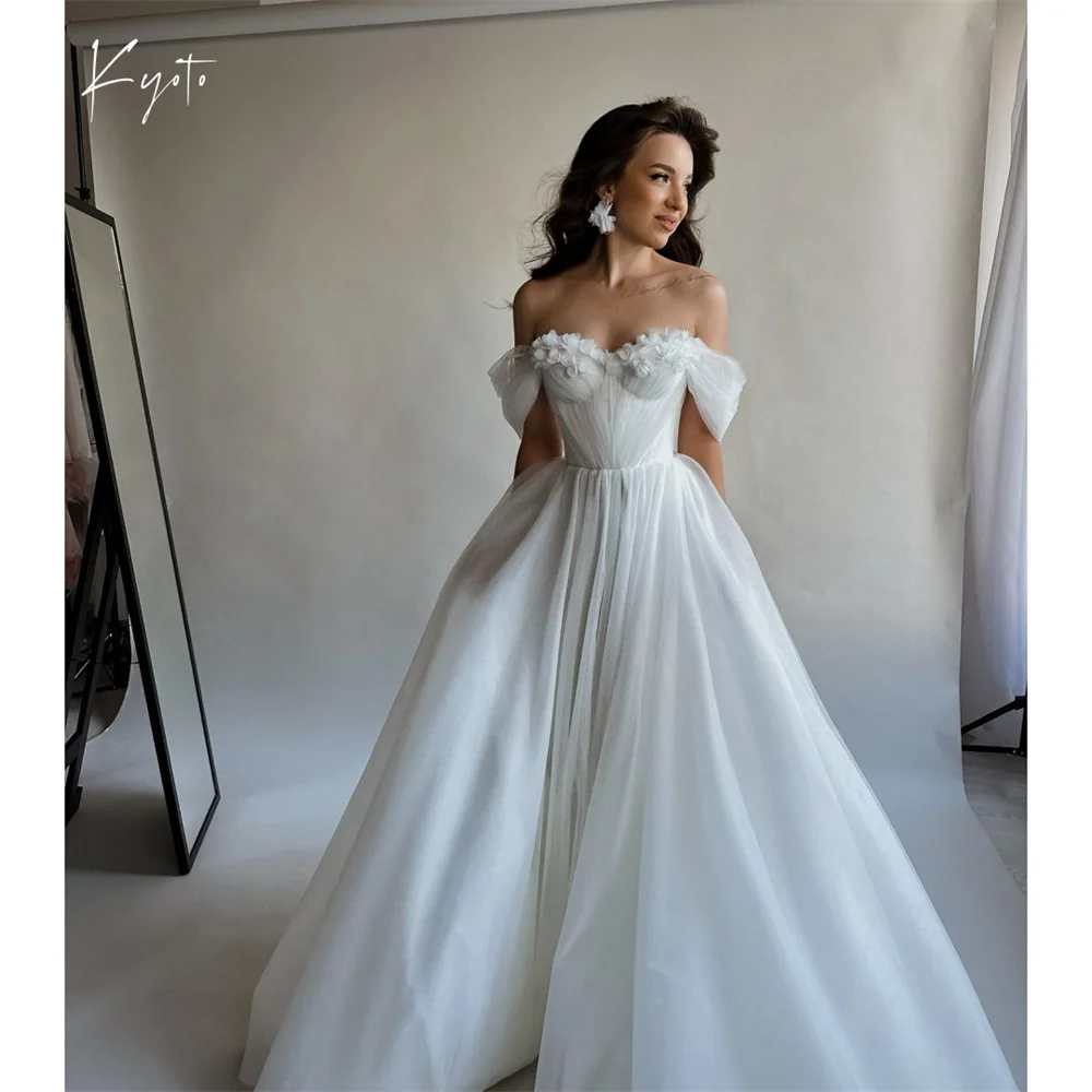 

Kyoto White 3D Flowers A-line Wedding Dresses Sweep Train Customized جديد في الفساتين Appliques Elegant wedding dress 2025