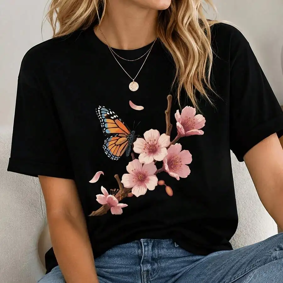 Women's Spring Crew Neck Short Sleeve Casual T‑Shirt Butterfly Cherry Blossom Floral Graphic Tee Top