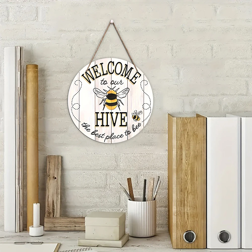 1Pc Bee Welcome To Our Hive Wood Hanging Sign For Home Garden Decor,Rustic Round Wooden Wall Hanging Plaque Sign For Outdoor Dec