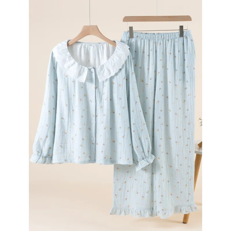 

2pcs Women's Pajama Set Sweet Fresh Style 100% Cotton Gauze Long Sleeve Pants Lace Trim Loose Breathable Wearable Outside Lounge