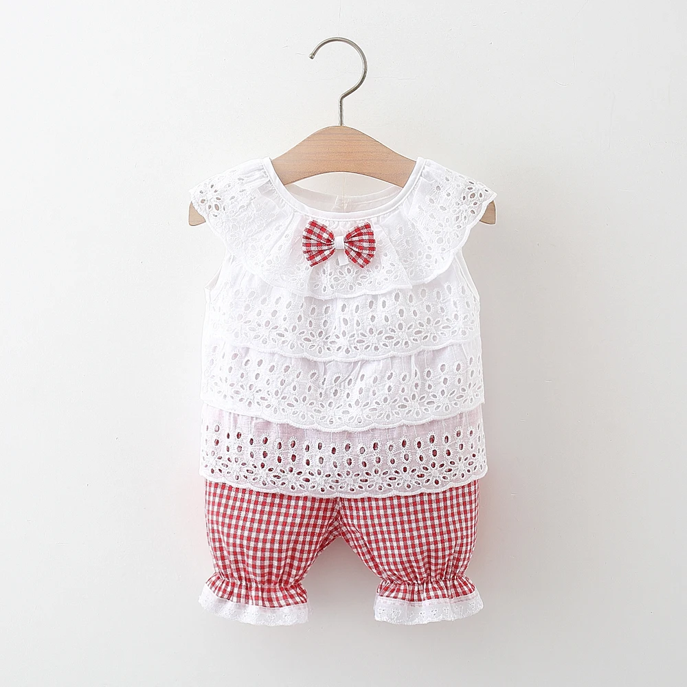 2PCS Summer New Girl Baby Short Sleeve Top+plaid Shorts Two Piece Set Girls\' Clothing