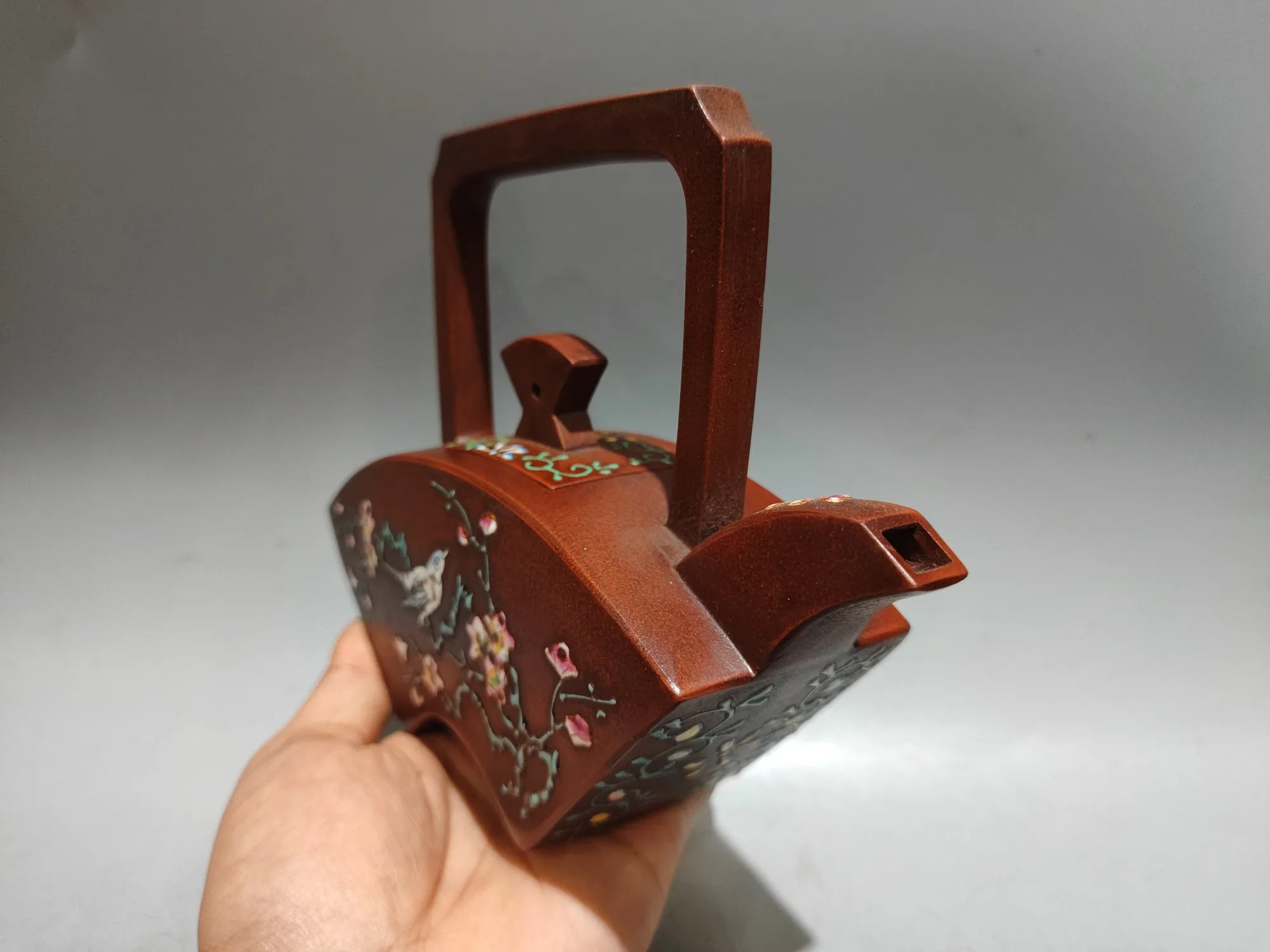 Yixing Teapot Purple Clay Pot Painted Magpie and Plum Blossom Pattern Fan shaped handle pot Teapot Kettle Tasting tea ceremony