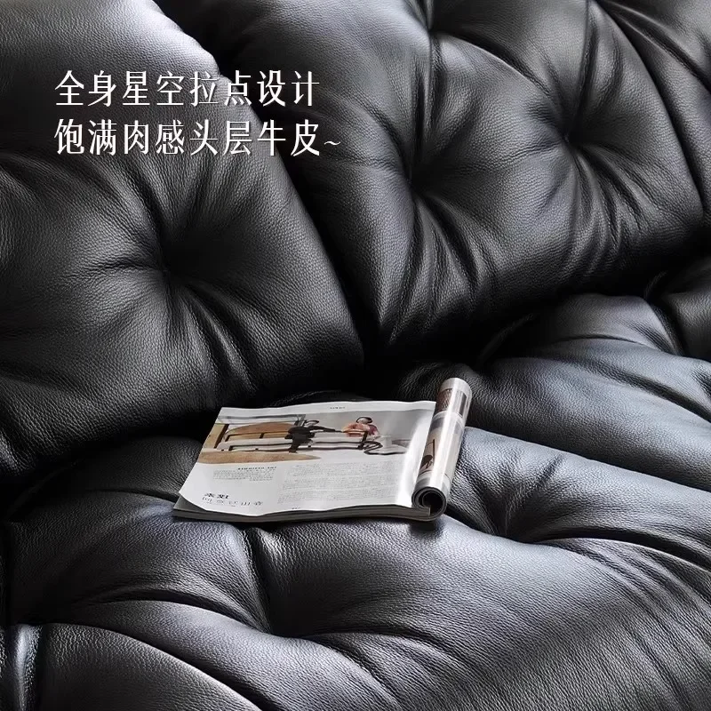 French Retro Electric Multi-functional Black Leather Sofa Living Room Elephant Ears Adjustable Medieval Oil Wax Leather