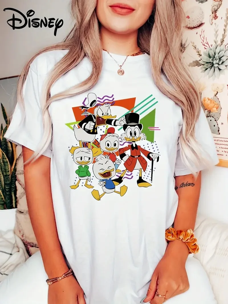 

2025 Disney Pattern Printed Women's Casual Comfortable Unique Smiling Face Black Round Neck Short Sleeve T-shirt