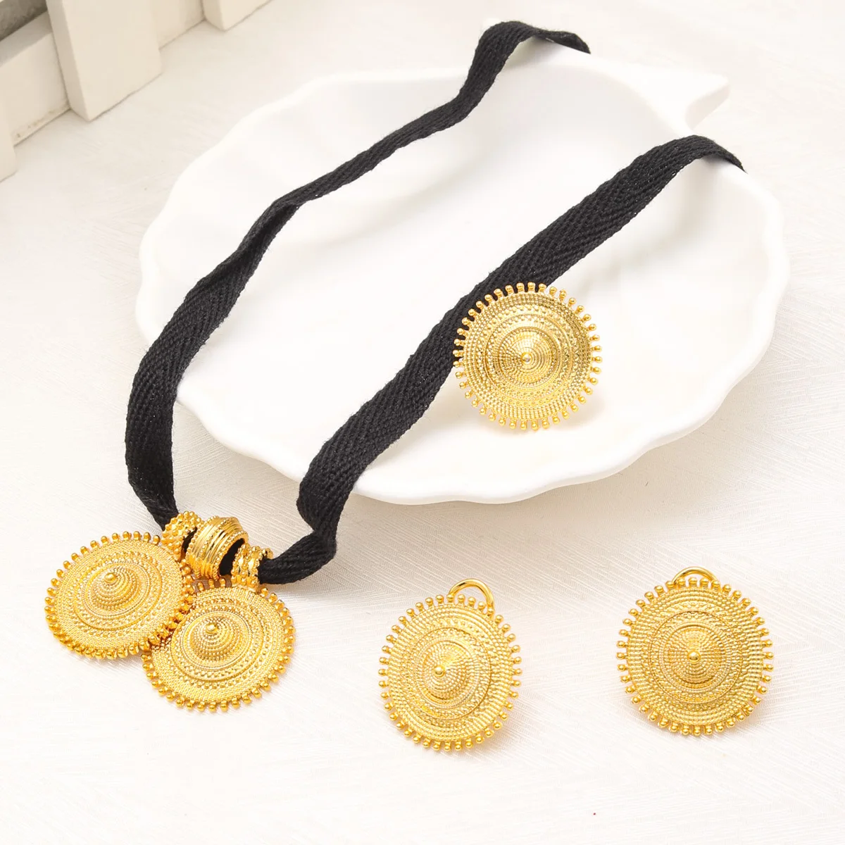 24k Gold Plated Fashion  Women Black Ribbon Choker Necklace Earrings Ring Pendant Jewelry Set For Wedding Bridal Party Gift