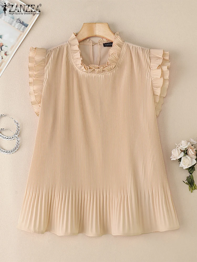 ZANZEA hauts à la mode 2025 femmes été col montant chemisier à volants à manches courtes décontracté solide Blusas bureau dame chemises élégantes