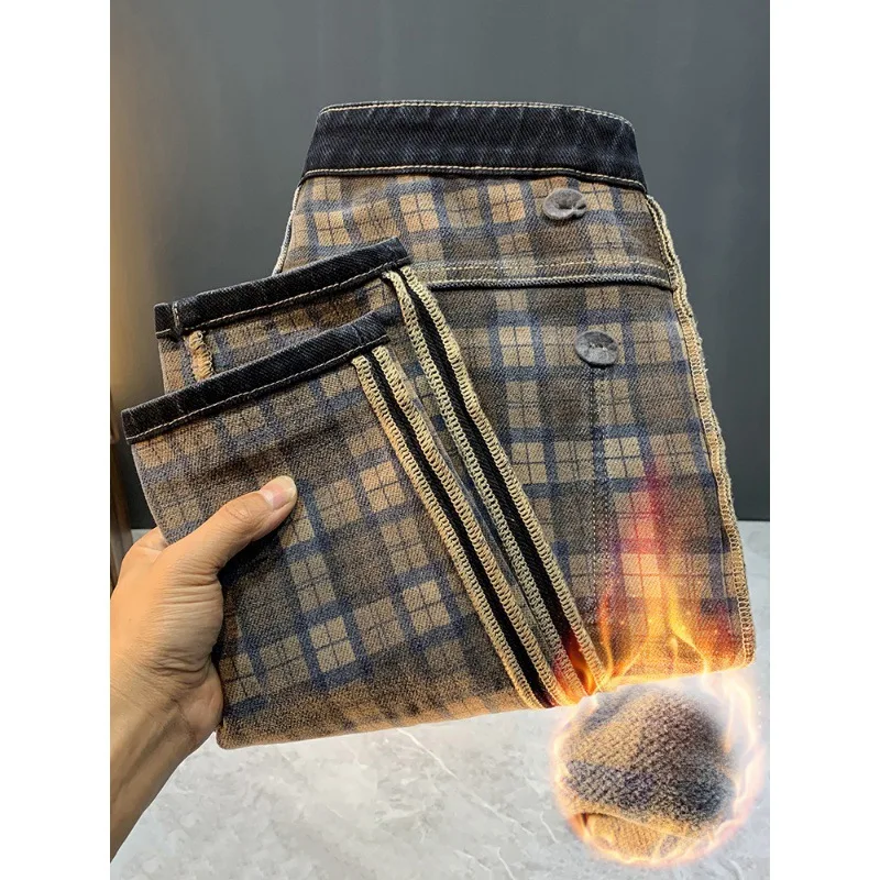Fleece Padded Jeans Men\'s Winter High-End Fashion Skinny Pants Men\'s Casual Stretch Fleece Trousers pants