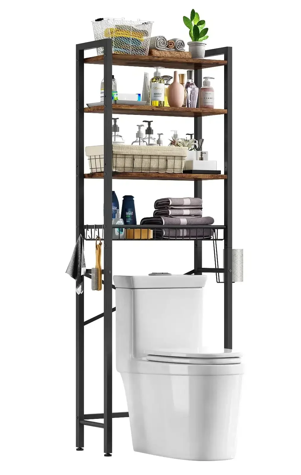 Over The Toilet Storage Shelf, 4-Tier Wooden Bathroom Organizer Adjustable Saver Space Rack with Toilet Paper Holder, Brown