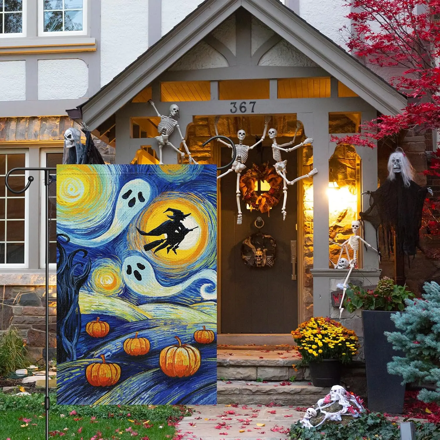 Halloween Pumpkin Garden Flag 12x18 Double Sided, Burlap Small Welcome Starry Night Ghost Witch Garden Yard