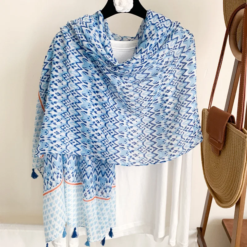 

2025 Fringe Blue Pattern Shawl Women Lightweight Beach Scarf Sun Protection Travel Multi-functional Breathable hijab