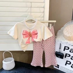 Girls Princess Clothing Set Summer Kids Short Sleeve Tops+Flared Pants 2Pcs Children Bow Print Suits Fashion Outfits 1-8 Years
