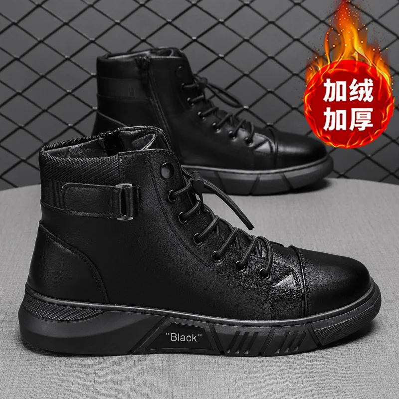 Winter Men Leather Shoes High Top Boots for Men Fashion Motorcycle Ankle Boots Lace-Up Outdoor Warm Platform Boots Botas Hombre