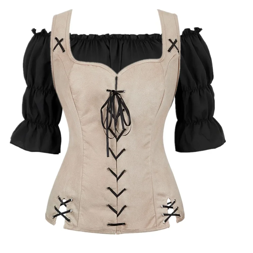 Medieval Pirate Vest With Straps Plus Size Steampunk Gothic Lace Up Corset Top Women Renaissance Off Shoulder Corset Blouse