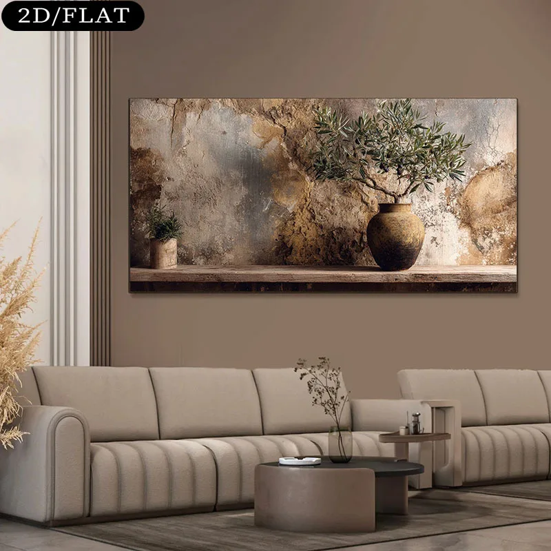 

Frameless Modern Canvas Artwork, Featuring An Olive Tree in A Rustic Vase on A Wooden Table. This Makes for A Unique Gift