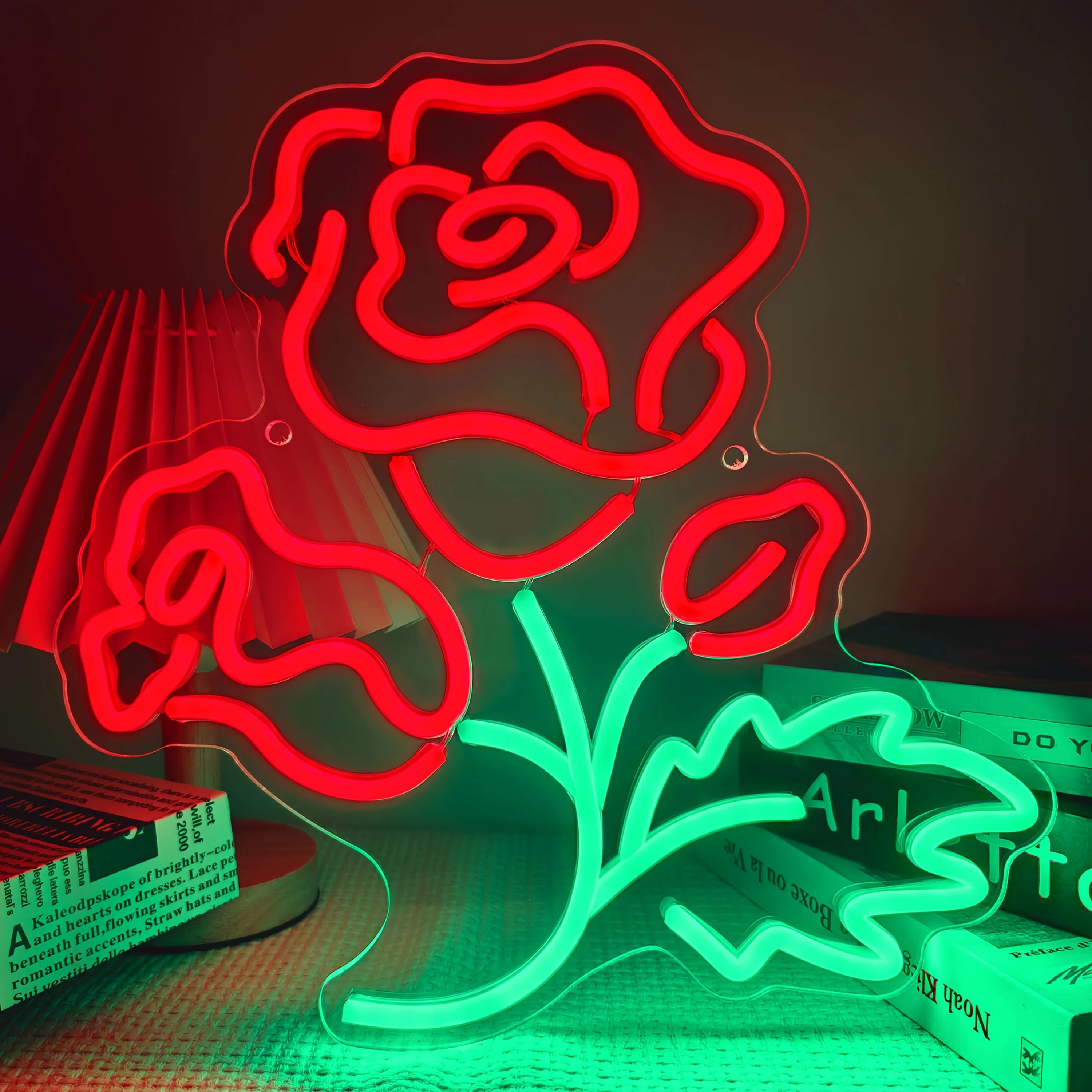 Red Rose Neon Sign - USB-Powered LED Flower Lamp with Push Button Control, Vibrant Red & Green Roses for Living Room, Wedding