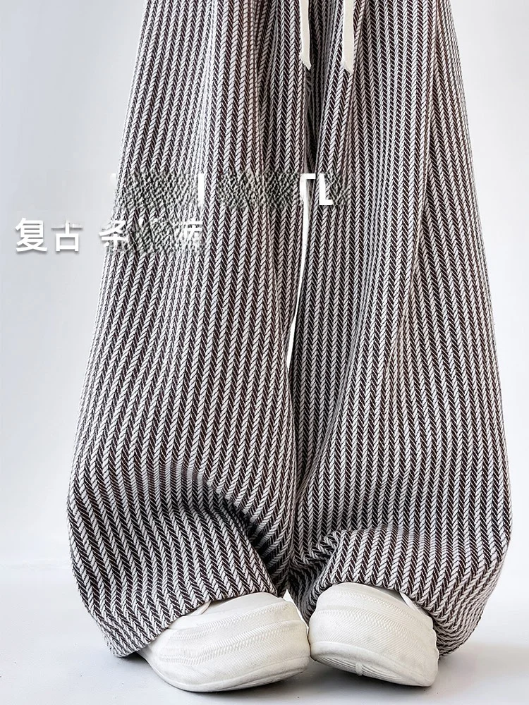 

Off Striped Fce Lined Loose Casual Women's Autumn Winter Wide Leg Sweatpants High Waist Polyester Blend Silk Blend