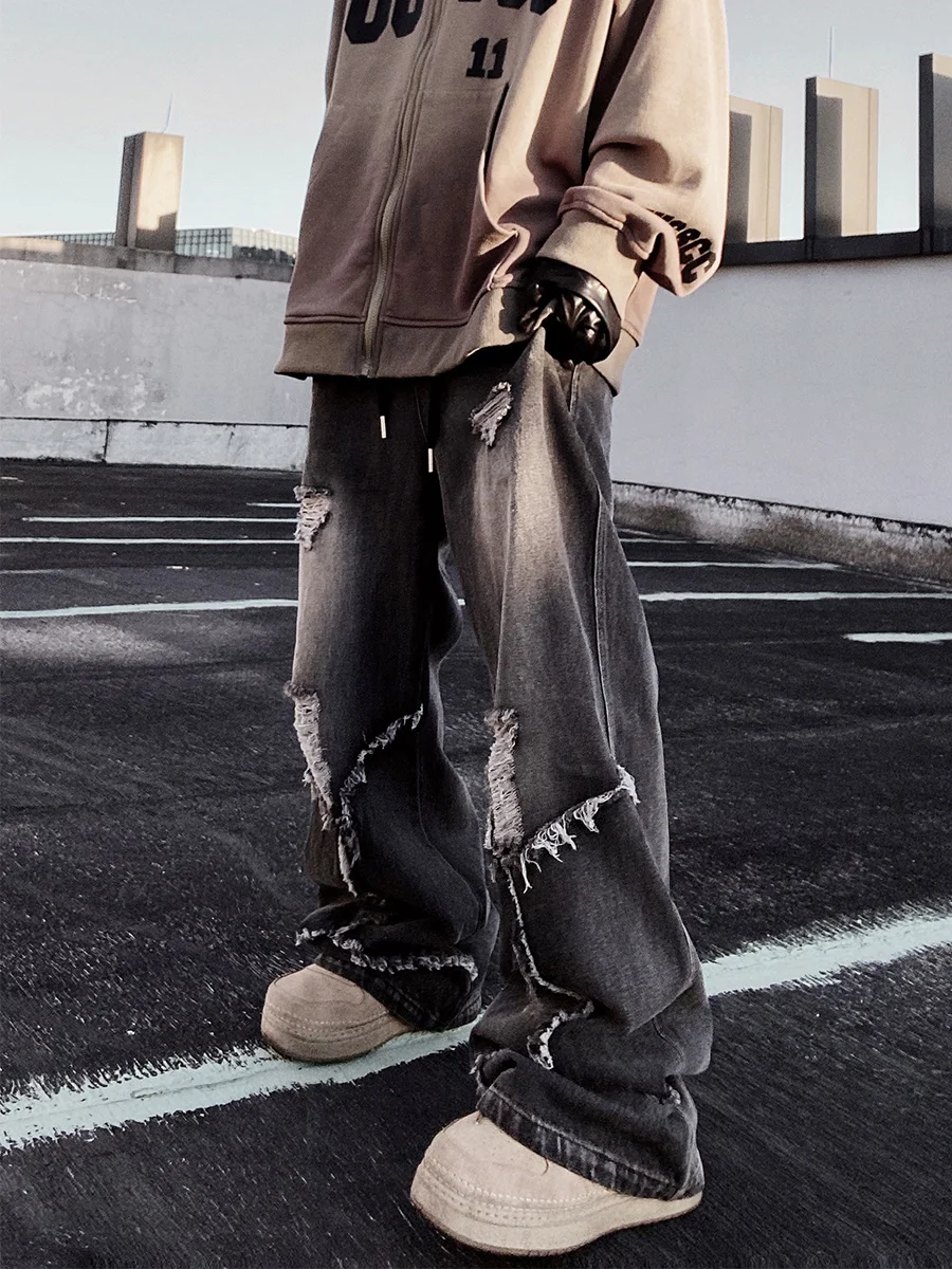 

Hip Hop Skateboarding Pants Fashion Ripped Retro Distressed Trousers High Street Loose Mopping Slightly Flared Jeans Men