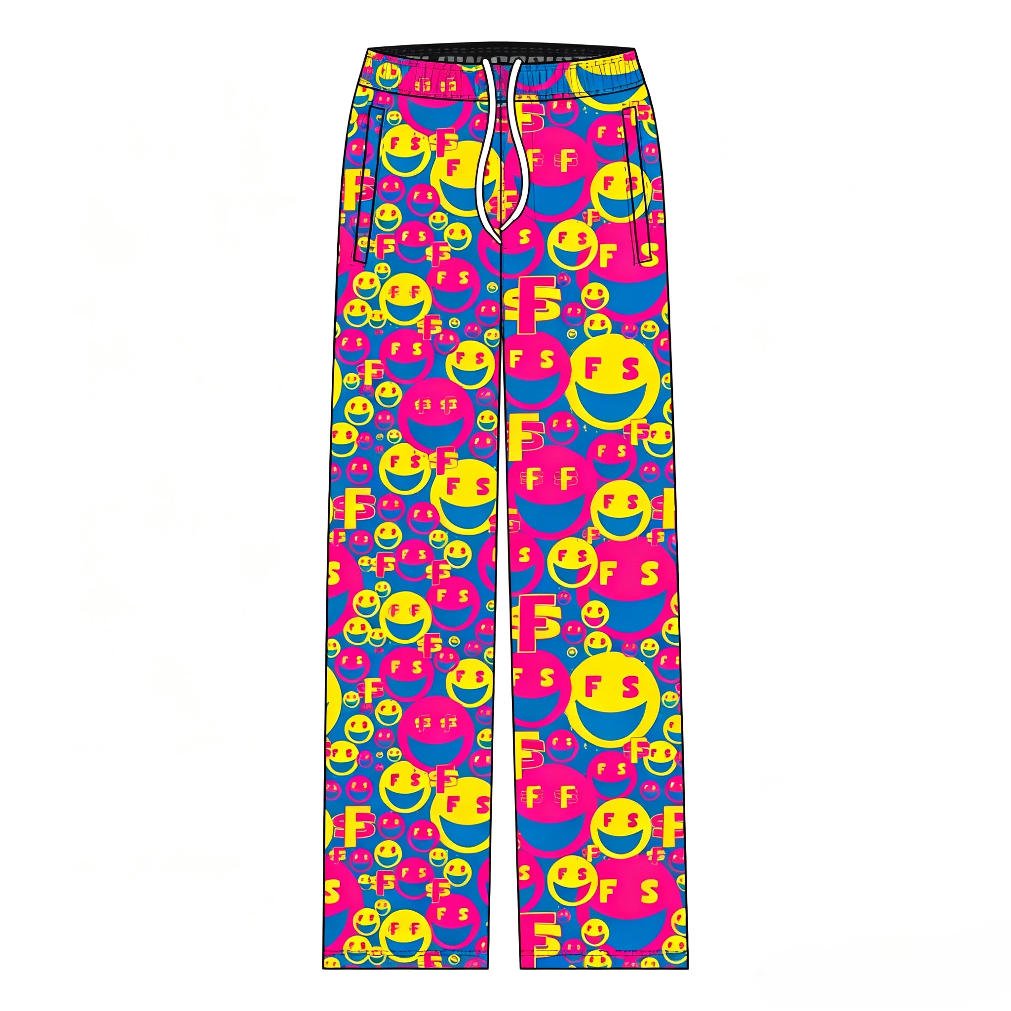 Y2K Rave Festival Trousers, Men's Women's, Psychedelic Smiley Face Print Casual Pants, Drawstring Loose Fit, Street Party Attire