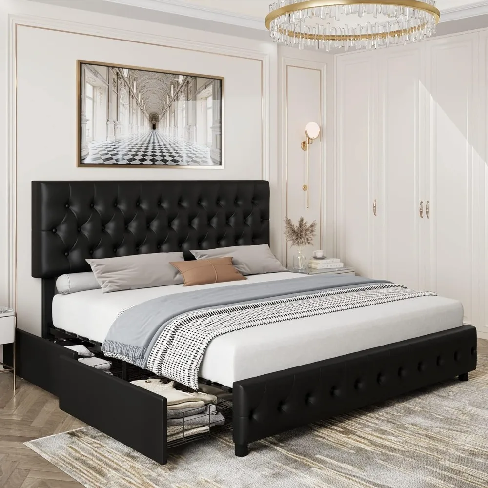 

Queen Bed Frame with 4 Storage Drawers and Adjustable Headboard, Upholstered Faux Leather Platform Bed with Button Tufted Design