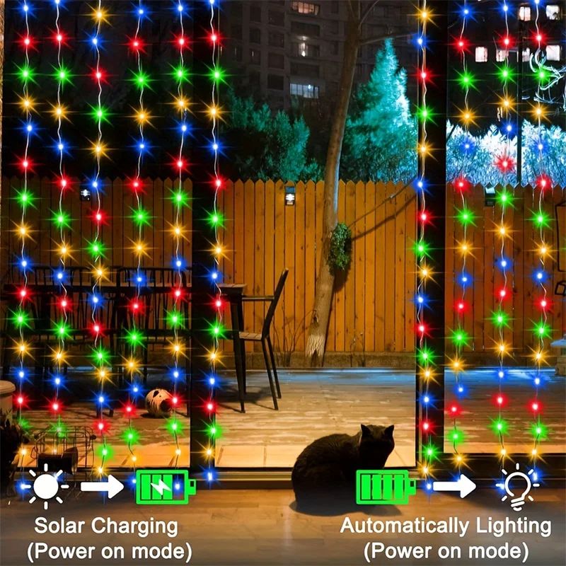 Solar LED Curtain Light Outdoor Garland Solar Fairy String Light Pavilion Garden Party Holiday Christmas Decor Copper Wire Lamps