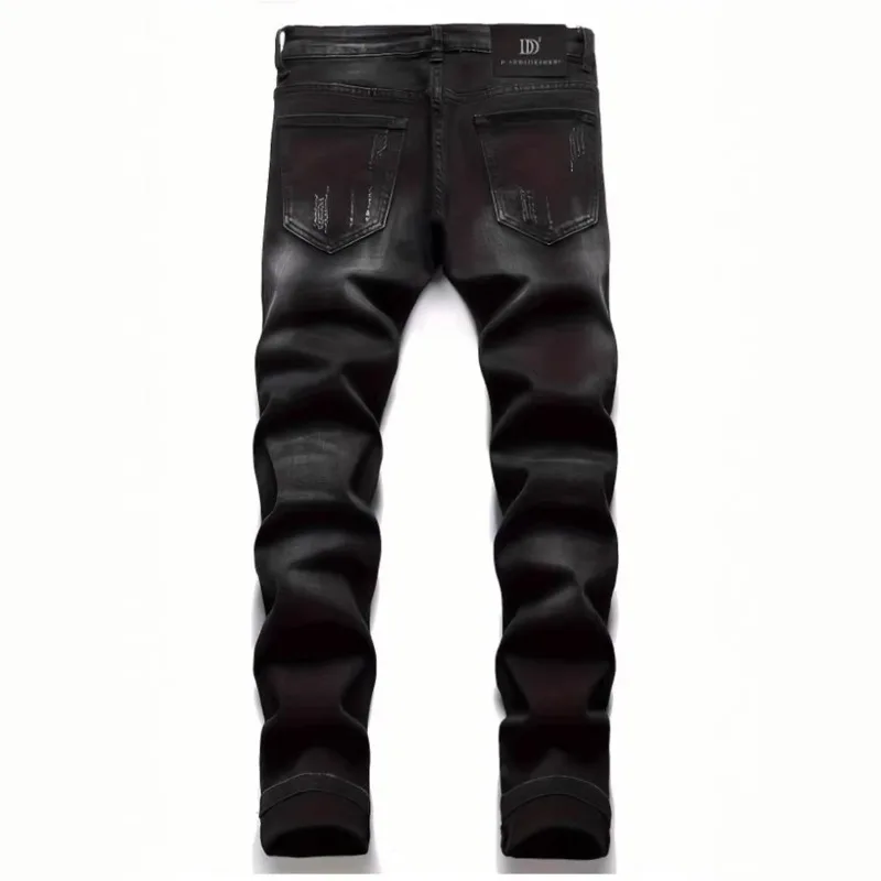 Men's Denim Jeans European American Style Heavy‑Duty Embroidery Ripped Patch High‑Street Slim Straight‑Leg Casual Trousers