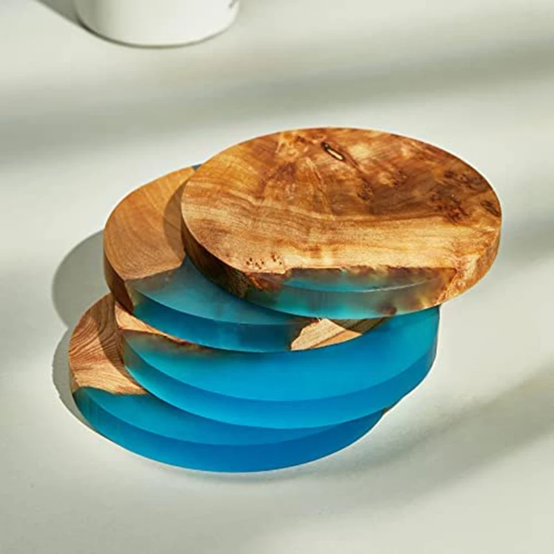 4 PCS Wooden Coasters With Epoxy Resin Blue For Drinks, Modern Coasters For Bar Kitchen Home Apartment