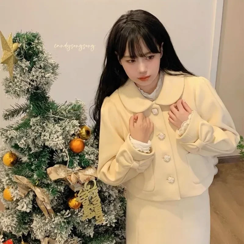 

Sweet Short Jackets Women French Cute Peter Pan Collar Bow Long Sleeve Coats Autumn Winter Preppy Style All Match Tops