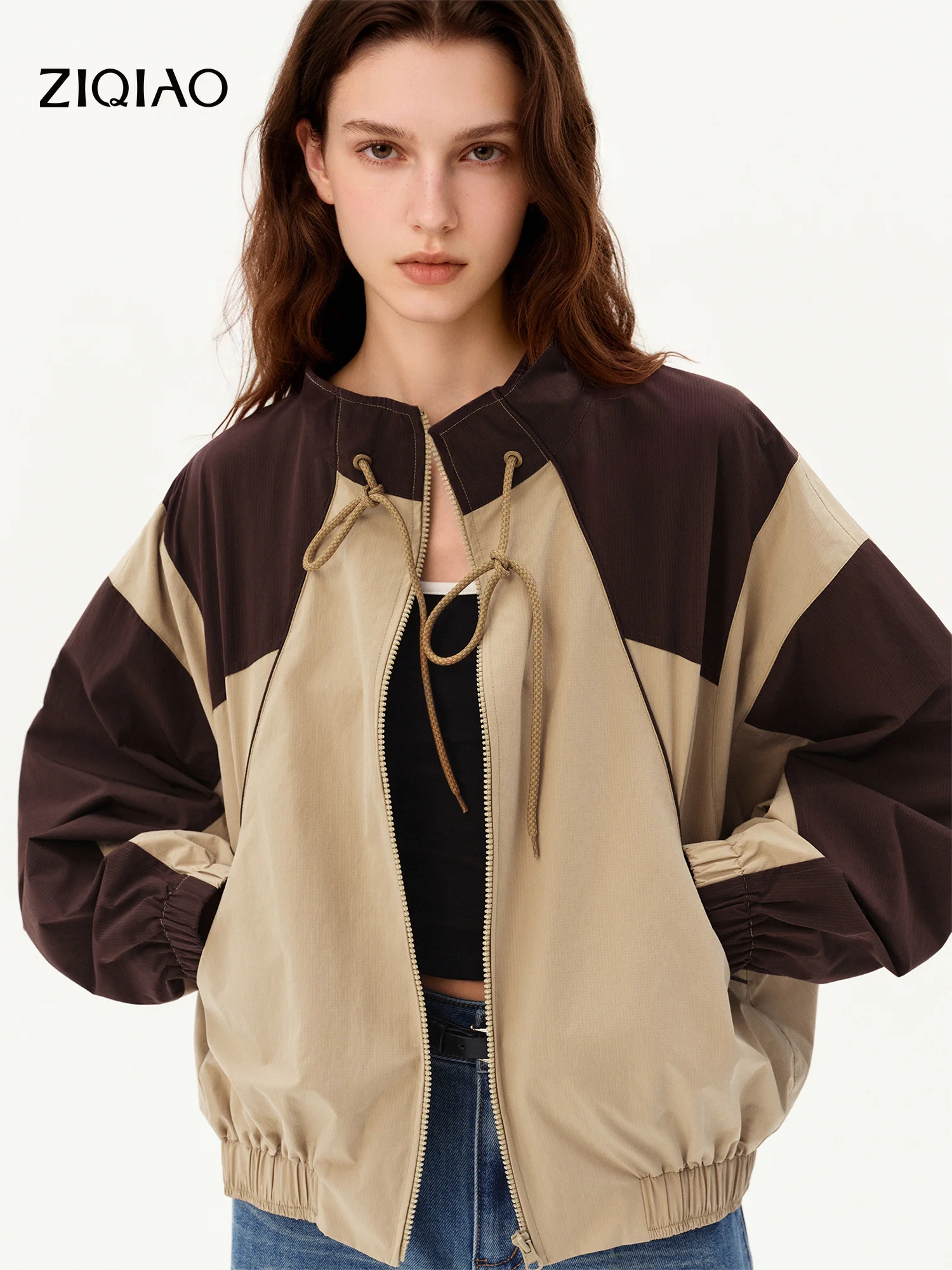 ZIQIAO 2026 Fall Women's Retro Varsity Colorblock Jacket, Raglan Sleeve Stand Collar Drawstring Cropped Coat Preppy Sporty Style