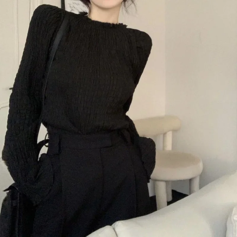 QWEEK Black Shirts Women Long Sleeve Vintage Korean Fashion Pleated Chic and Elegant Blouses Oversized Harajuku Alt Aesthetic