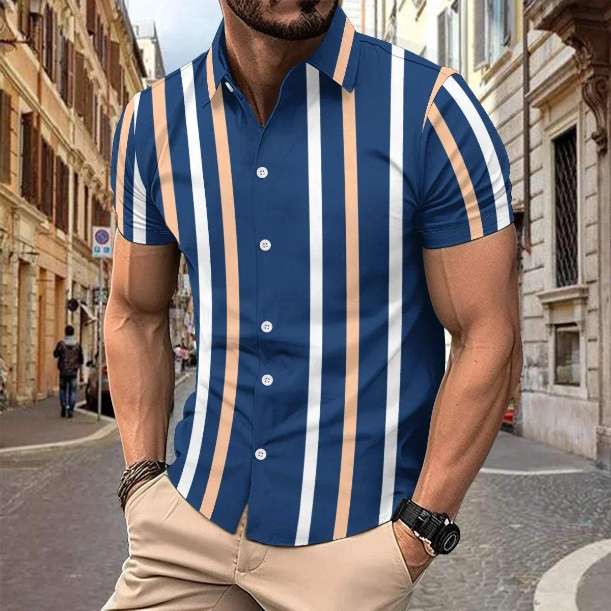 2023 new summer men's casual vertical striped lapel shirt Men's slim fashion high quality street clothing hot selling shirt