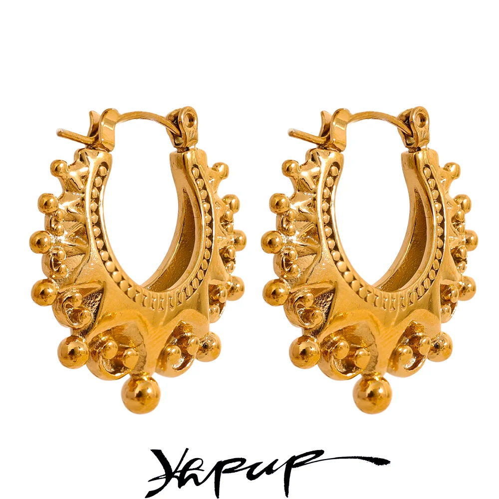 Yhpup Vintage Stainless Steel Round Half Empty Hoop Earrings Waterproof Retro Gold Color Fashion Attractive Jewelry for Women