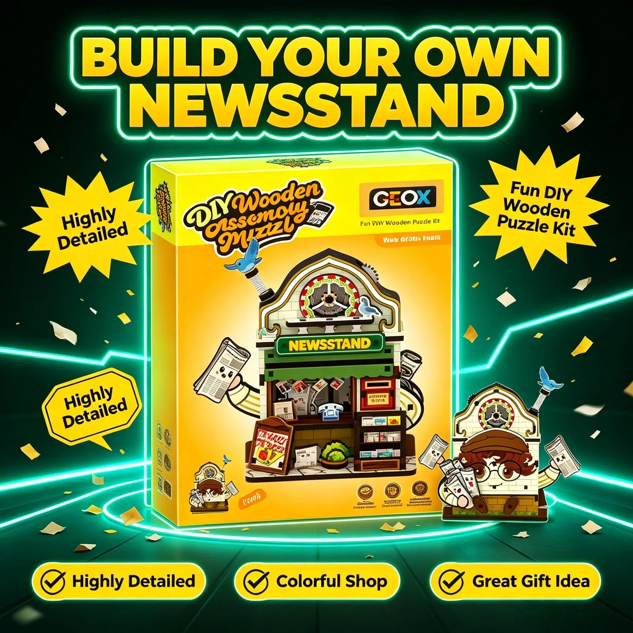 Vintage Newsstand DIY 3D Wooden Puzzle Mini Magazine Shop Handmade Miniature Ornament Craft Gift for Collectors Teens Kids