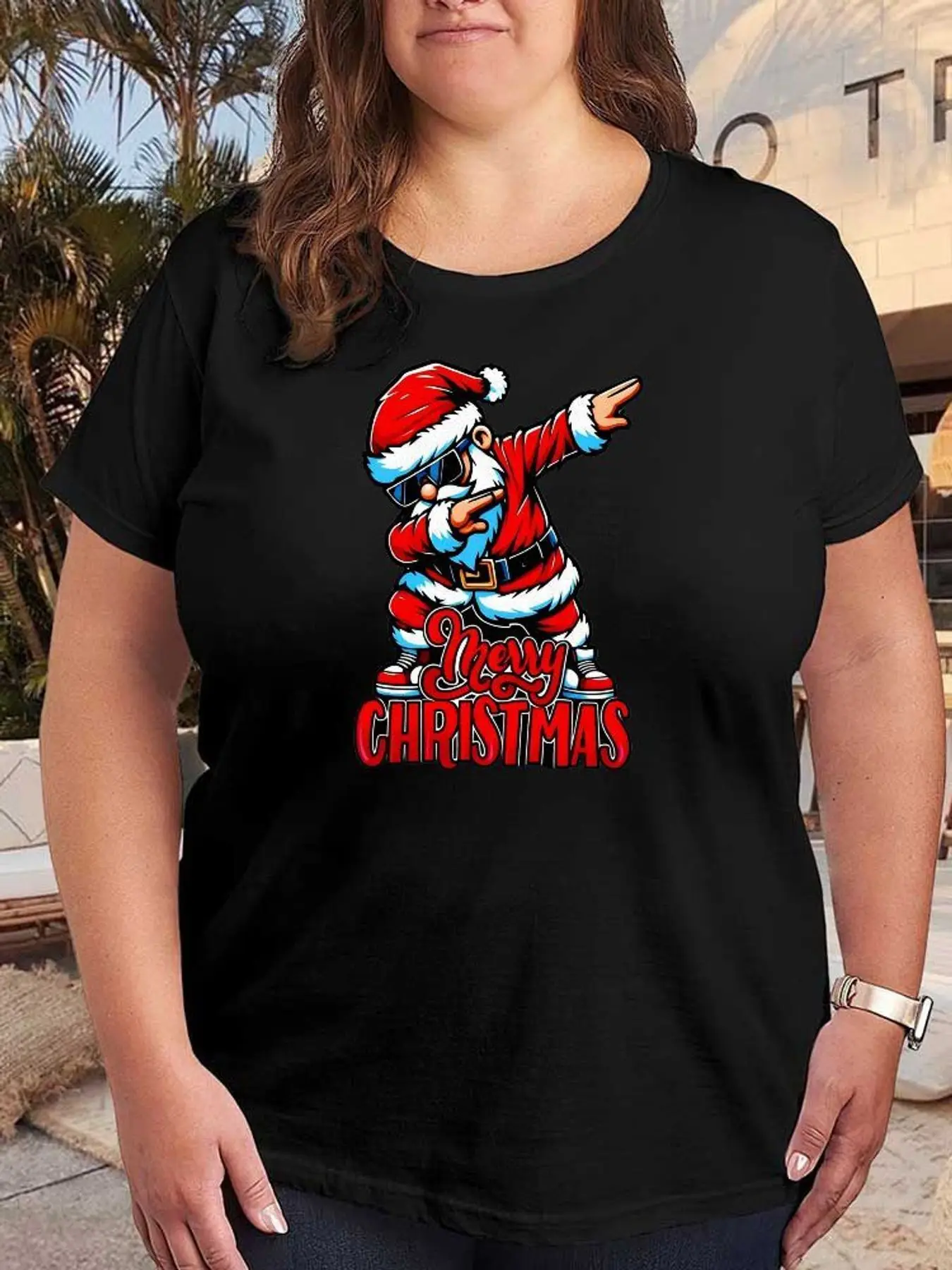 Dabbing Santa Claus Graphic T Shirt Women Fashion Merry Christmas Print Stretchy Oversized Tee Short Sleeve Casual Plus Size Tops