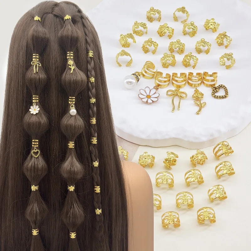 

35PCS White Hair Rings Set Daisy Pearl Bow Rose Heart Shape Charms for Braiding Extensions Cute Elegant for DIY Wedding Party
