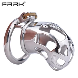 FRRK Metal Chastity Cage Long Steel Penis Lock Big Male Cock Rings Bondage Belt Restrained Men's Sex Toys for Couple 반지