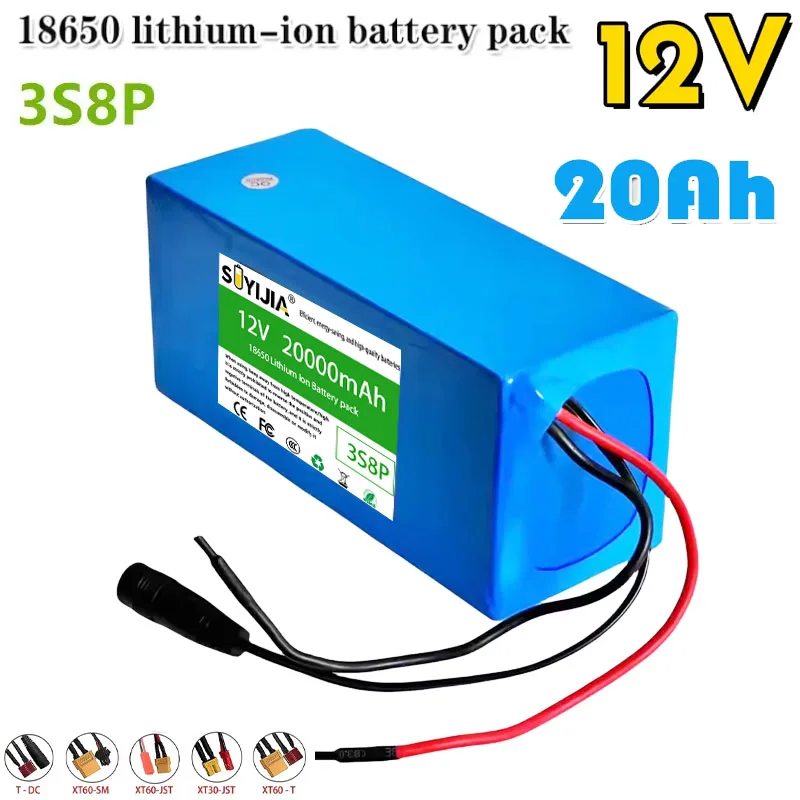 3S8P 12V 20Ah 18650 Lithium Ion Rechargeable Battery Pack with Protection Board 20000mAh High Capacity for Electronics