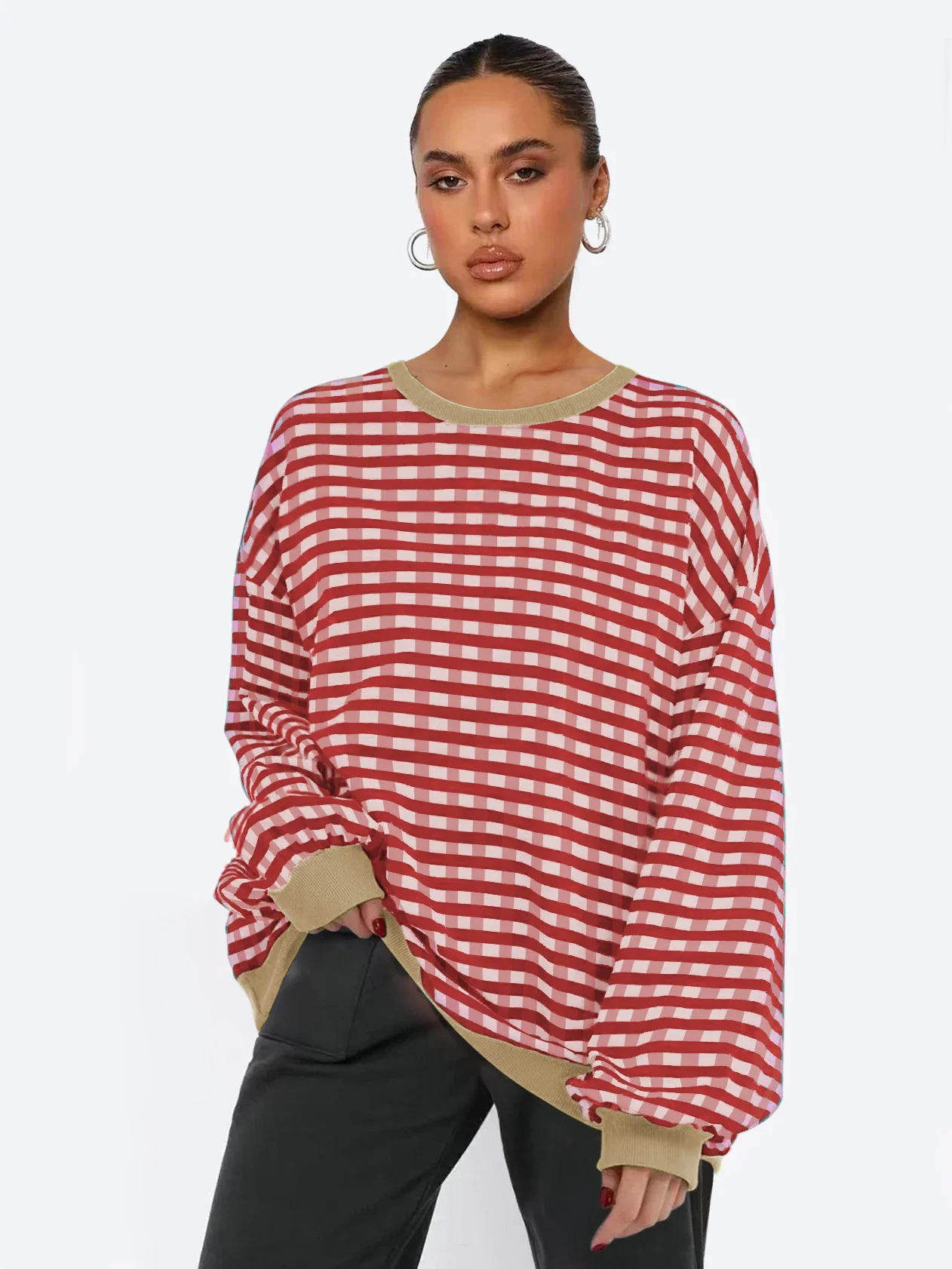 New Women'S Checkered Sports Shirt  Contrasting Long Sleeved Round Neck Oversized Casual Loose Sweatshirt Pullover