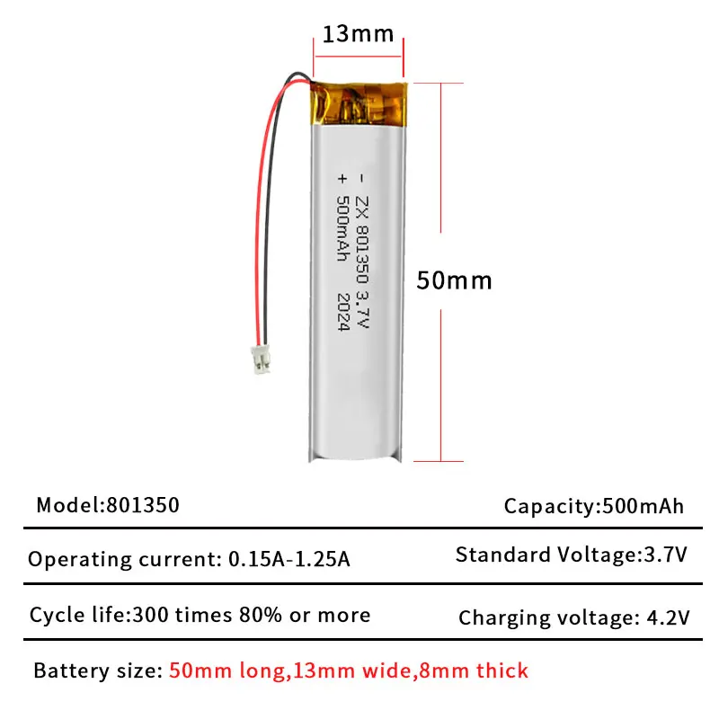 3.7V 500mAh 801350 Lipo Battery Rechargeable Lithium Polymer Cells For Recording Pen Electric Toothbrush Reading Pen 801350