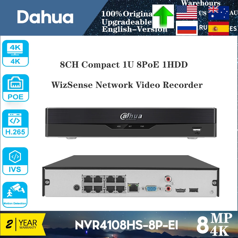 Multi-language Original Dahua 4K 8CH 8POE AI NVR NVR4108HS-8P-EI Smart Ai Video Recorder Face Recognition WizSense Camera System