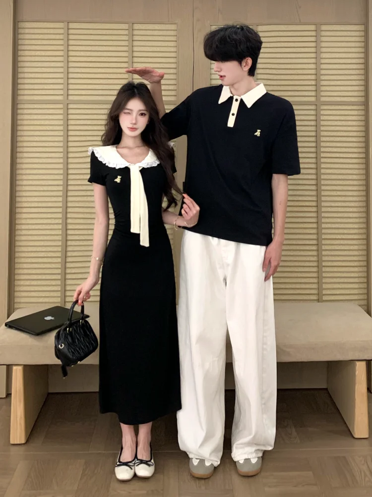 Conjunto de casal estilo coreano,  vestido, camisa , manga curta, masculino, feminino, verão, estilo universitário, a...