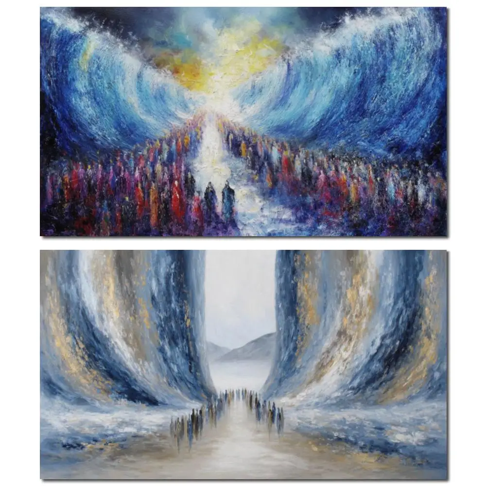 

Jerusalem Landscape Canvas Wall Art Split the Sea Abstract Oil Painting Handmade Judaic Artwork for Modern Living Room Decor