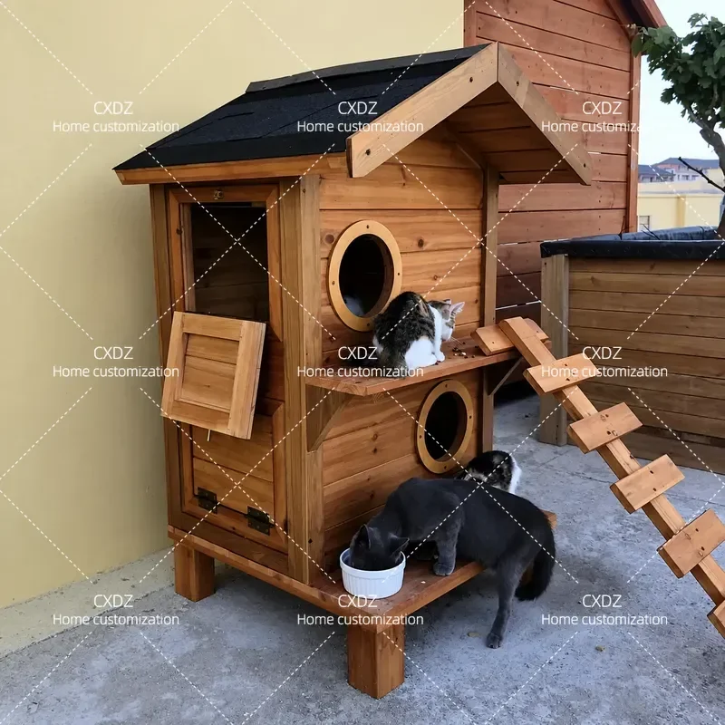 Double Layer Solid Wood Cat House Indoor Outdoor Villa Universal Four Seasons Pet Nest Summer Heatstroke Proof Shelter for