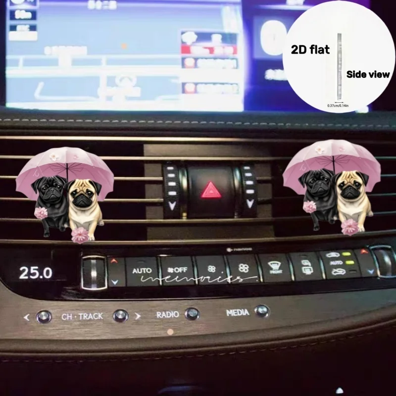 

Romantic Pugs Under Umbrella 2D Acrylic Car Vent Clip Decoration Fragrant Automotive Interior Cartoon Accessories Air Freshener