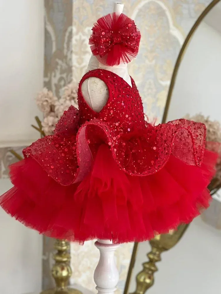 Luxurious Red Baby Girls Dresses Layers Tulle Tiered Infant Girls Birthday Party Gown Christmas New Year Dress Gift 1-11Years