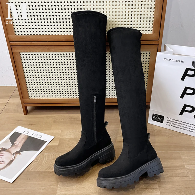 Bottes hautes épaisses au-dessus du genou pour femmes, chaussures à plateforme, bottes de créateur confortables, chaussures modernes, optique d'hiver, nouvelle tendance, 2025