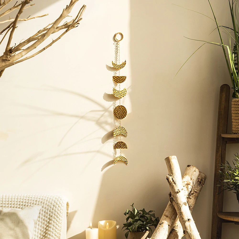 Gold Metal Moon Phase Wall Hanging Boho Home Decor Crafts Modern Phases Decoration Art Wall Decor for Bedroom Living Room Gift