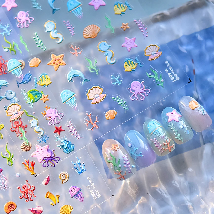 1 Stück 5d Marine Life Nagel Aufkleber Koralle Delphin Quallen Muschel Muschel Seestern Meer Soft Relief dekorative Nail Art Aufkleber