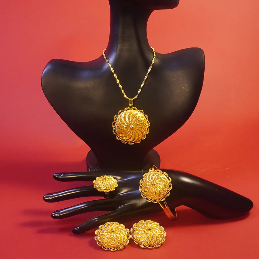 9999 gold Middle East rotating flower earrings, rings, bracelets, pendant necklaces set - wedding gift, factory wholesale
