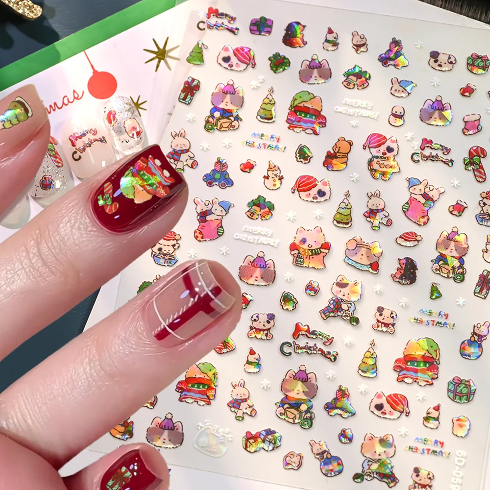 1 pièces étagères en verre dessin animé noël autocollant pour ongles 5D brillant mignon chat bonhomme de neige arbre de noël curseur pour ongles nouvel an noël manucure Dec