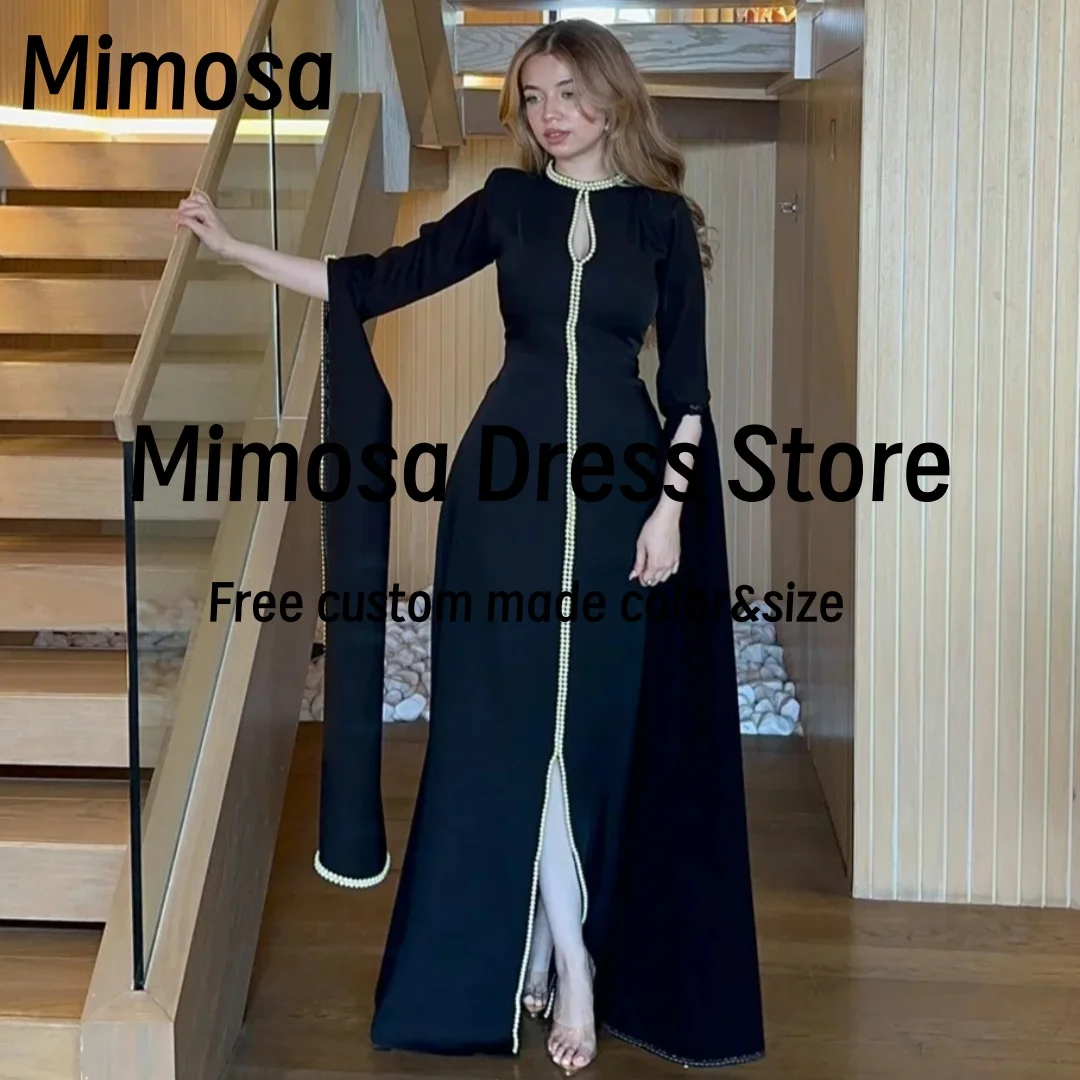 Mimosa Handmade Beading Front Slit Prom Dresses Keyhole Neckline Long Sleeves Saudi Arabia Party Evening Gowns Customized